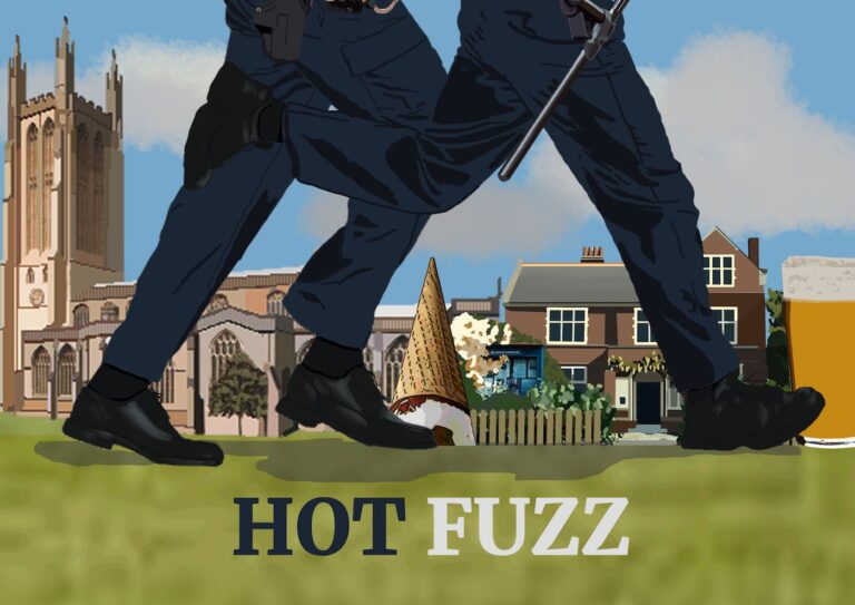 Illustrative imagery showing the legs of two police officers running though a miniature street and past a cornetto