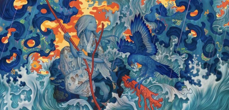 Painting: A young women crouches between threatening waves, she grasps a red stick, while a bird of prey flies beside her holding a larger branch. The woman, the bird and the waves are painted in shades of blue, while the skyline is oranges