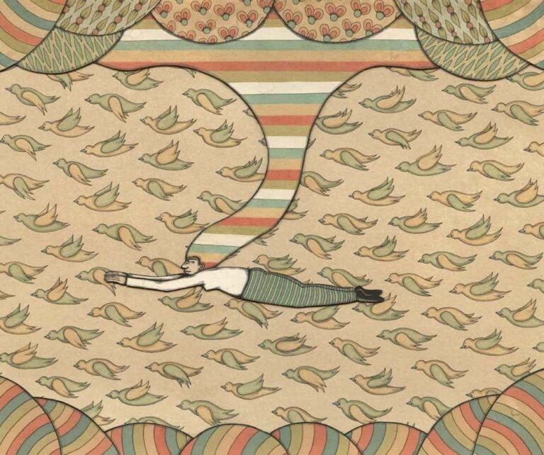 Illustration: A figure swims/flies, behind which is a background showing a pattern of flying birds. From the figure's head flows a hair of striped colours that leads up and fills the sky.