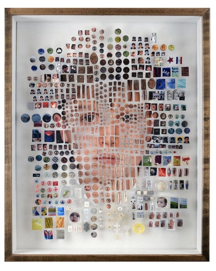 Reconstructed portrait of a child, the image composed of items and smaller images.