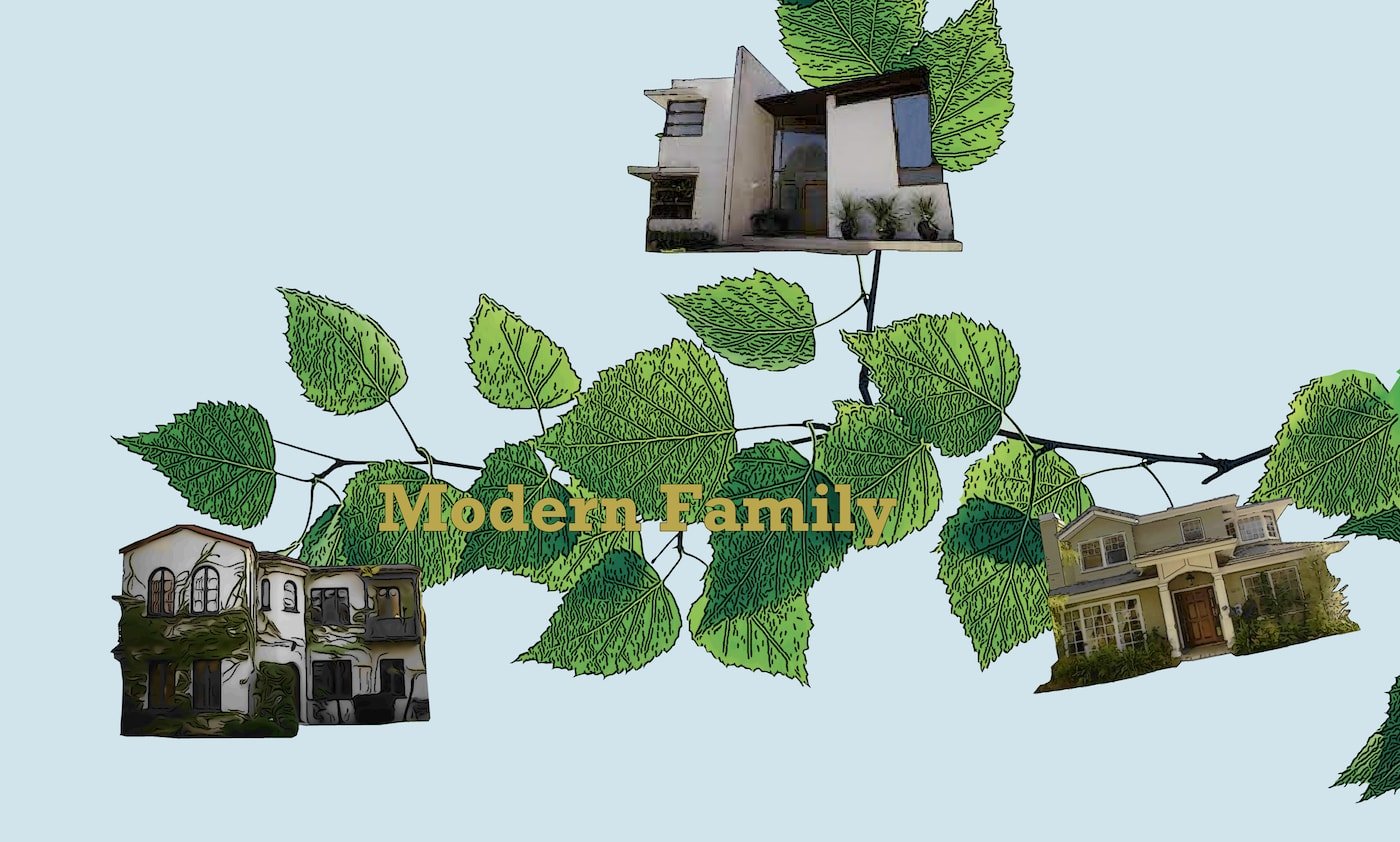 Poster design for Modern Family, shows the three families different homes