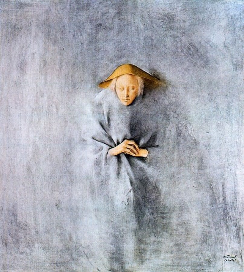 A grey painting which acts like fabric; covering the entire painting and female form, with only her hands, face and hat visible