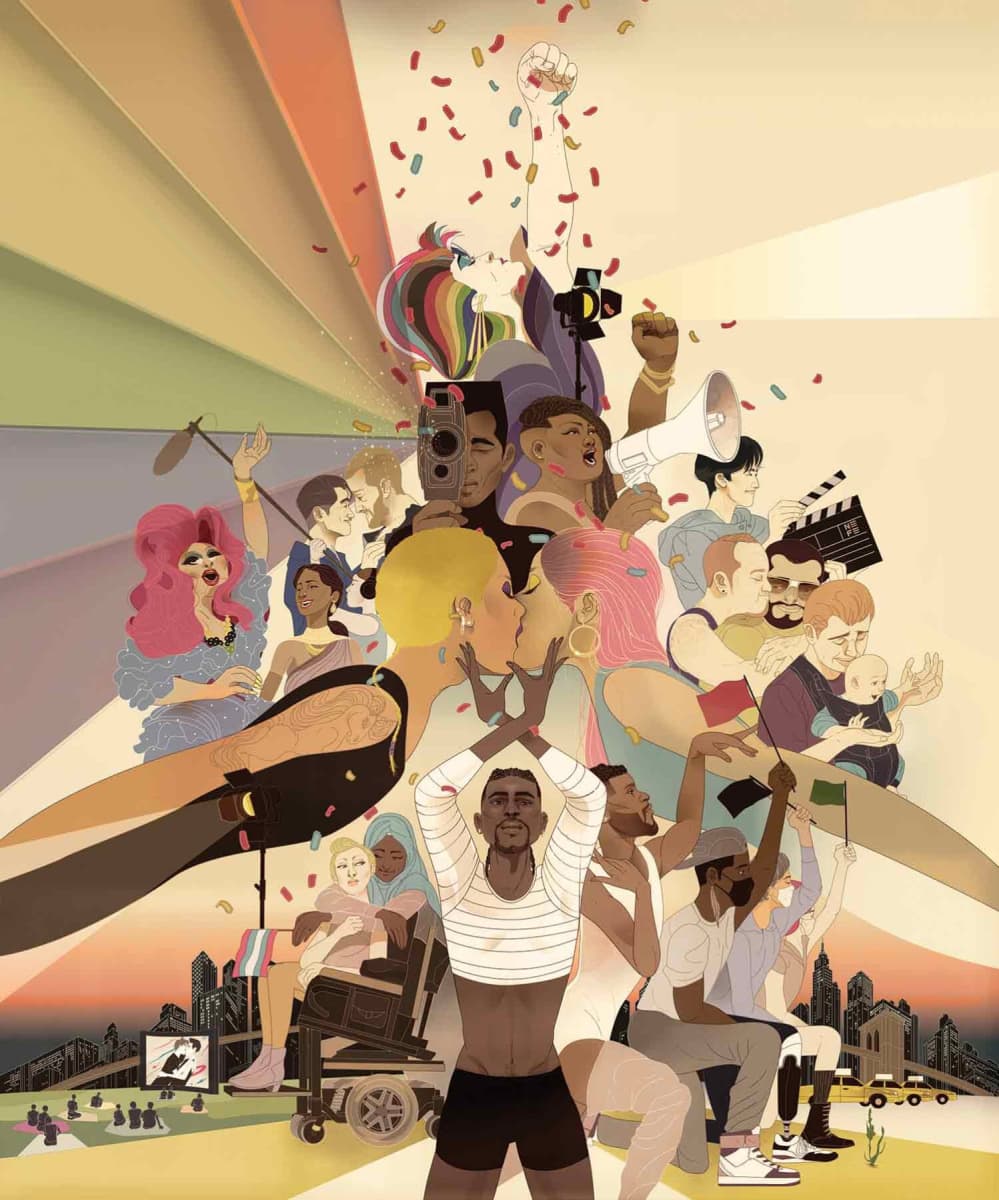 Illustration showing various LGBTQ+ couples, families, individuals, movie icons, diversity, and a film projection of a rainbow.
