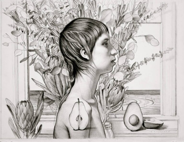 Drawing: Side portrait of a young woman, behind her are flowers, to the right an avocado which has been cut, while on the left is a succulent in bloom. On her shoulder is half a pear.