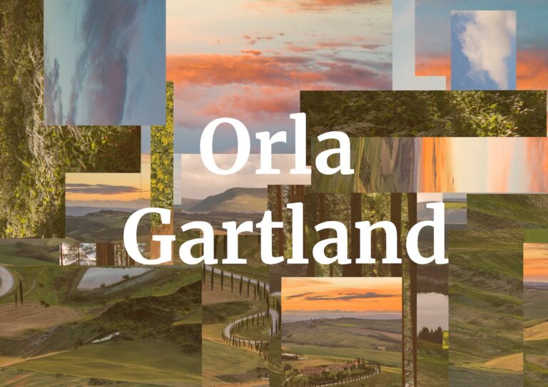 Jumbled photo-collage of landscapes with Orla Gartland on top