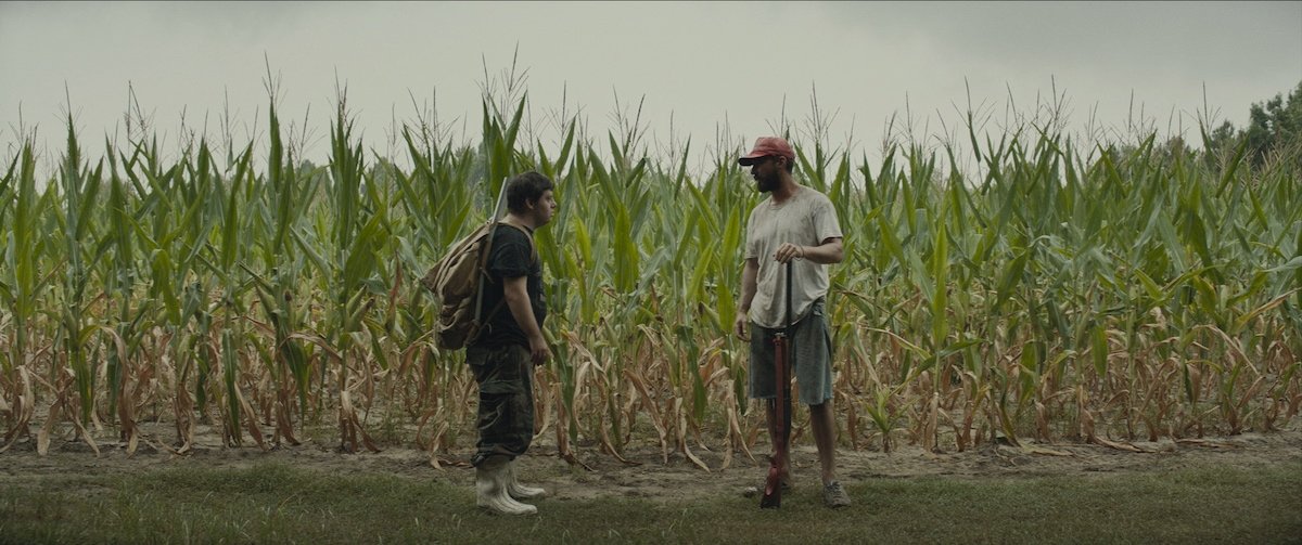 Film still: Zak and Tyler have a conversation in a corn field