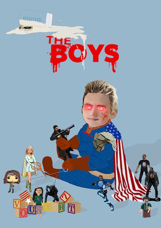 Graphic illustrated poster design of the show - featuring the main villain as a toddler playing with his action figures aka the show's other characters.