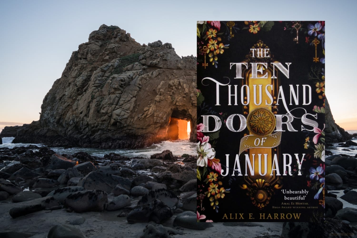 Book cover: gold door handle surrounded in flowers. Background image is a rock in the sea with a glowing door