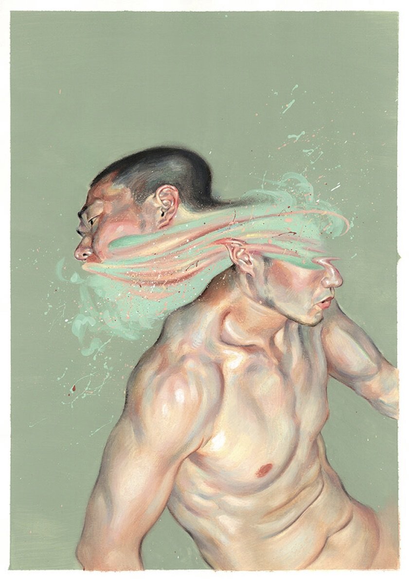 Drawing: A man's head splits in two - one part looks forward, while the other is twisted and separated as it looks behind - only thin tendrils of colour "spirit" connect the two.