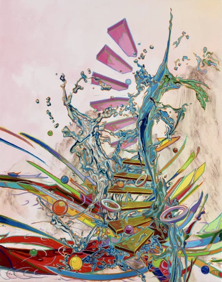 Painting: Abstract deconstruction of architecture - a staircase curves upward and to nowhere, while swirls and balls of colour surround it.